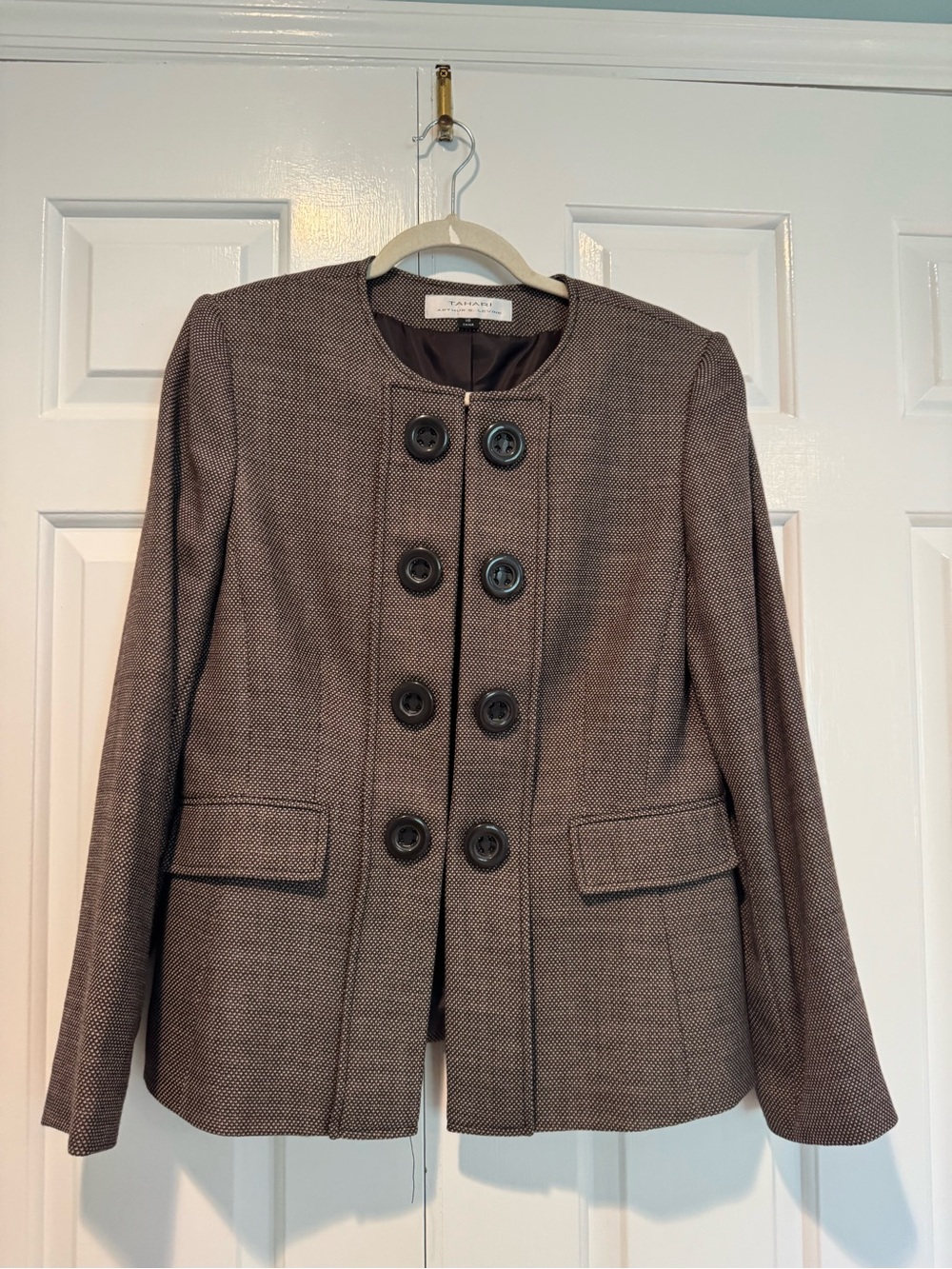 Tahari Brown Herringbone Collarless Double-Breasted Jacket